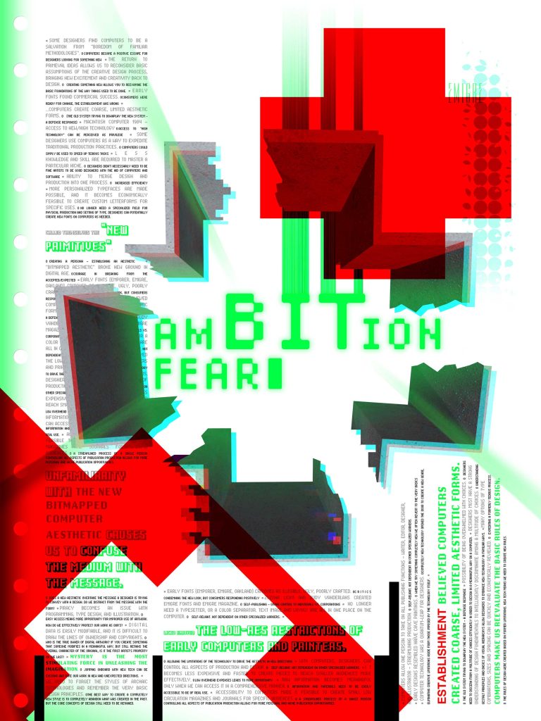 Abstract explosion of text, texture, and color. Text reference the written piece "Ambition and Fear" about the work of Emigré.